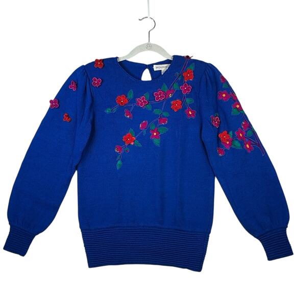 Vintage Anne Crimmins Umi Collections Sweater Womens Small Floral 3D Applique - Picture 2 of 12
